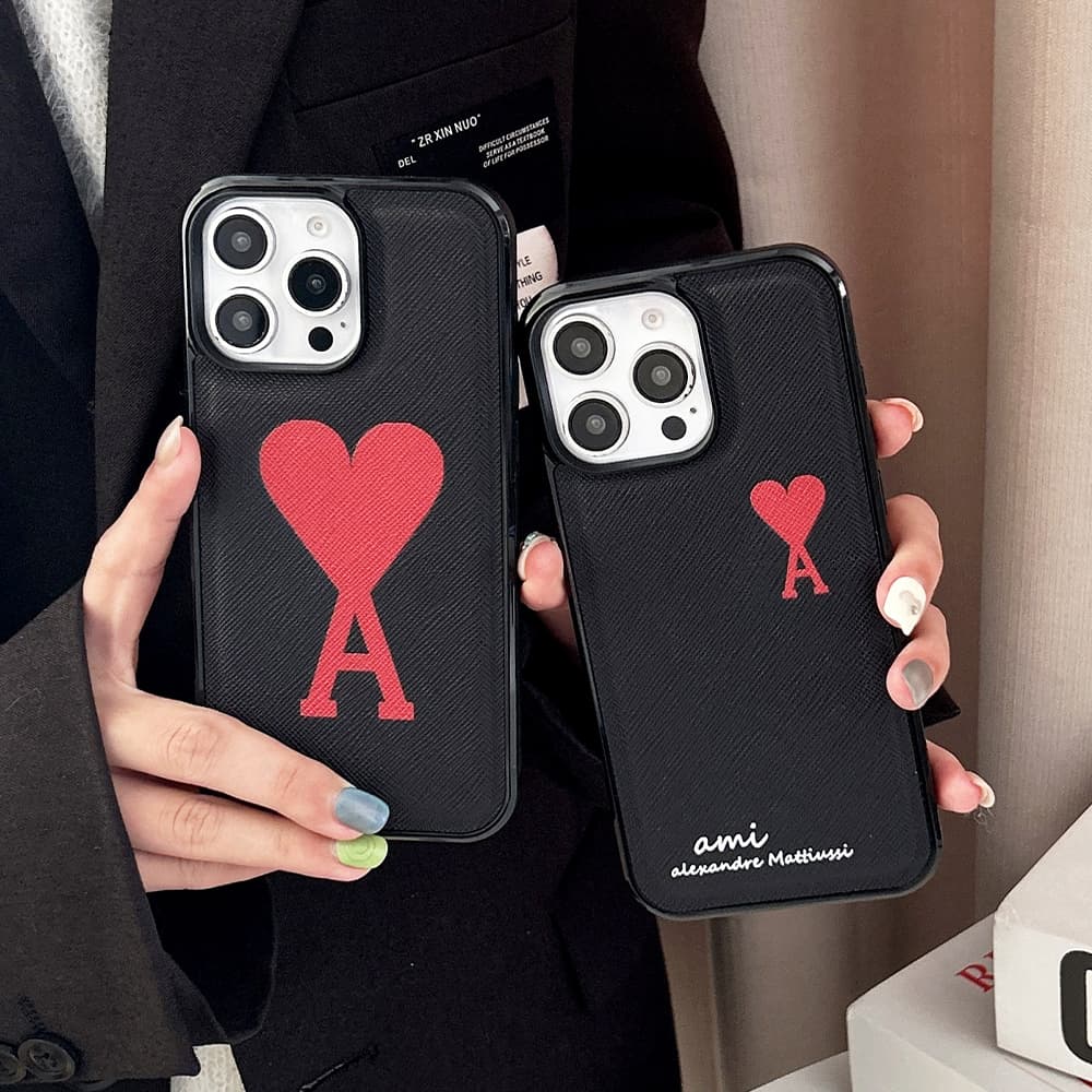 AMI Paris Red Heart Logo & Crossgrain Leather in Classic Black iPhone Case