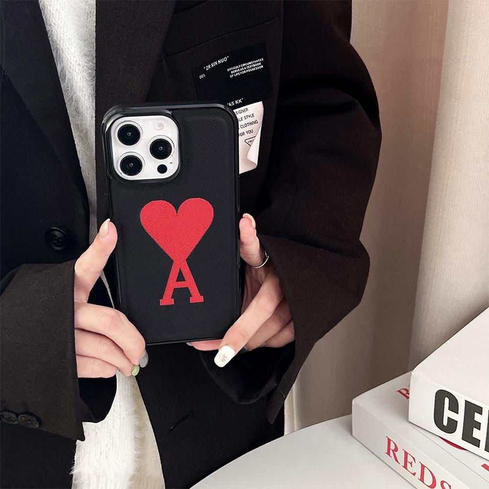 AMI Paris Red Heart Logo & Crossgrain Leather in Classic Black iPhone Case