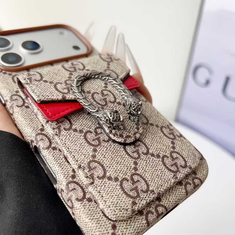 Gucci GG Monogram with Dionysus Tiger Head Buckle & Card Slot iPhone Case