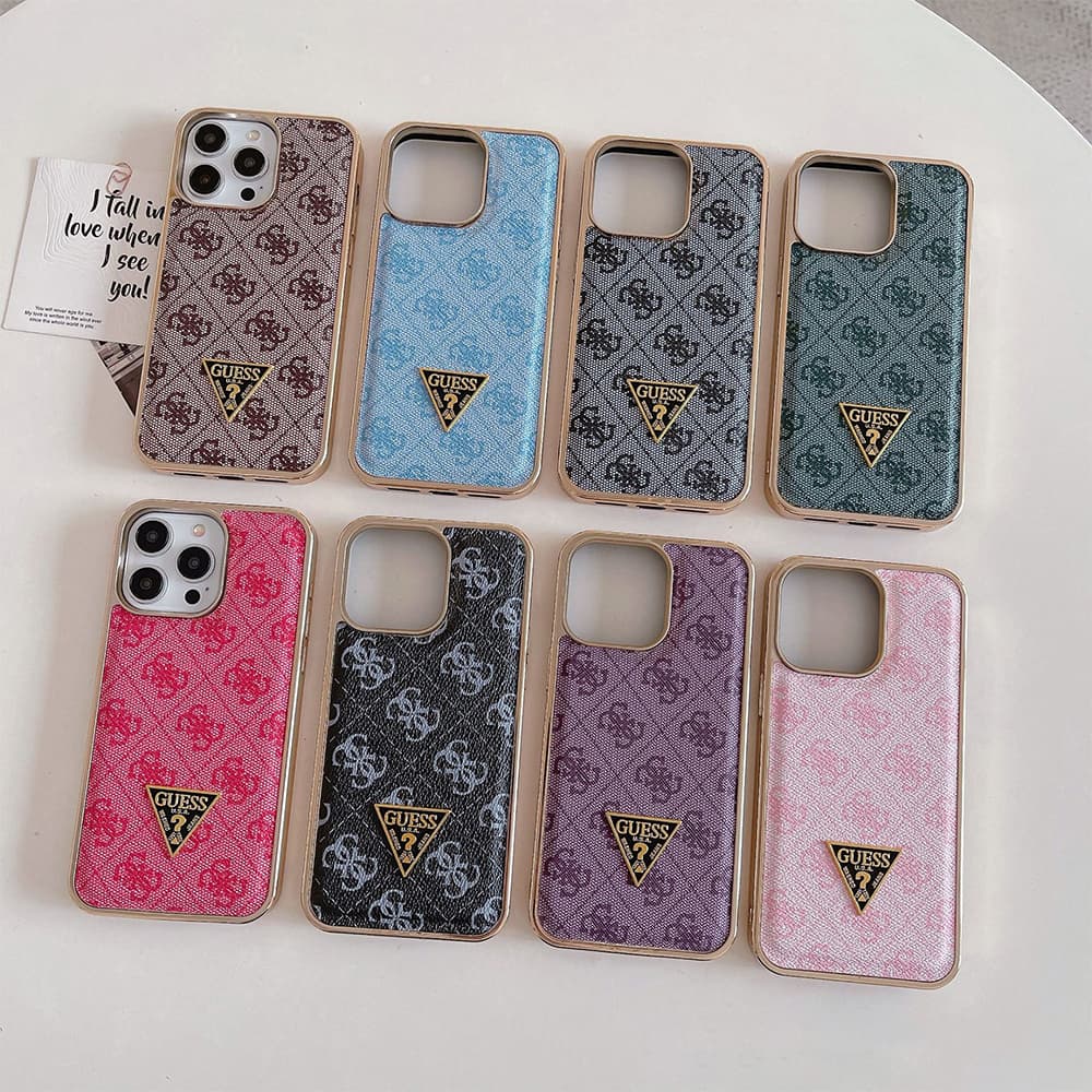 GUESS G-Monogram Pattern with Gold TPU Frame & Metal Logo iPhone Case