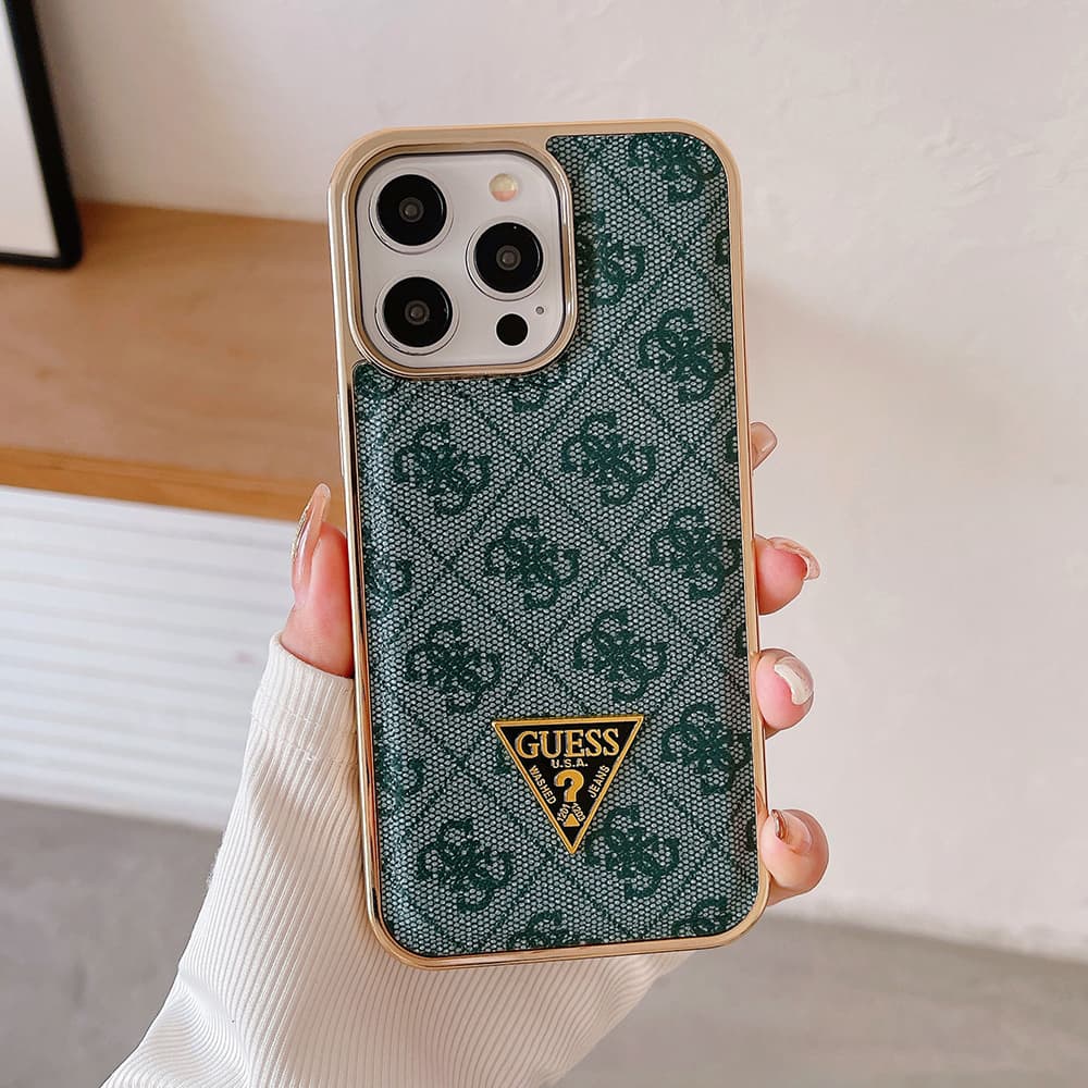 GUESS G-Monogram Pattern with Gold TPU Frame & Metal Logo iPhone Case
