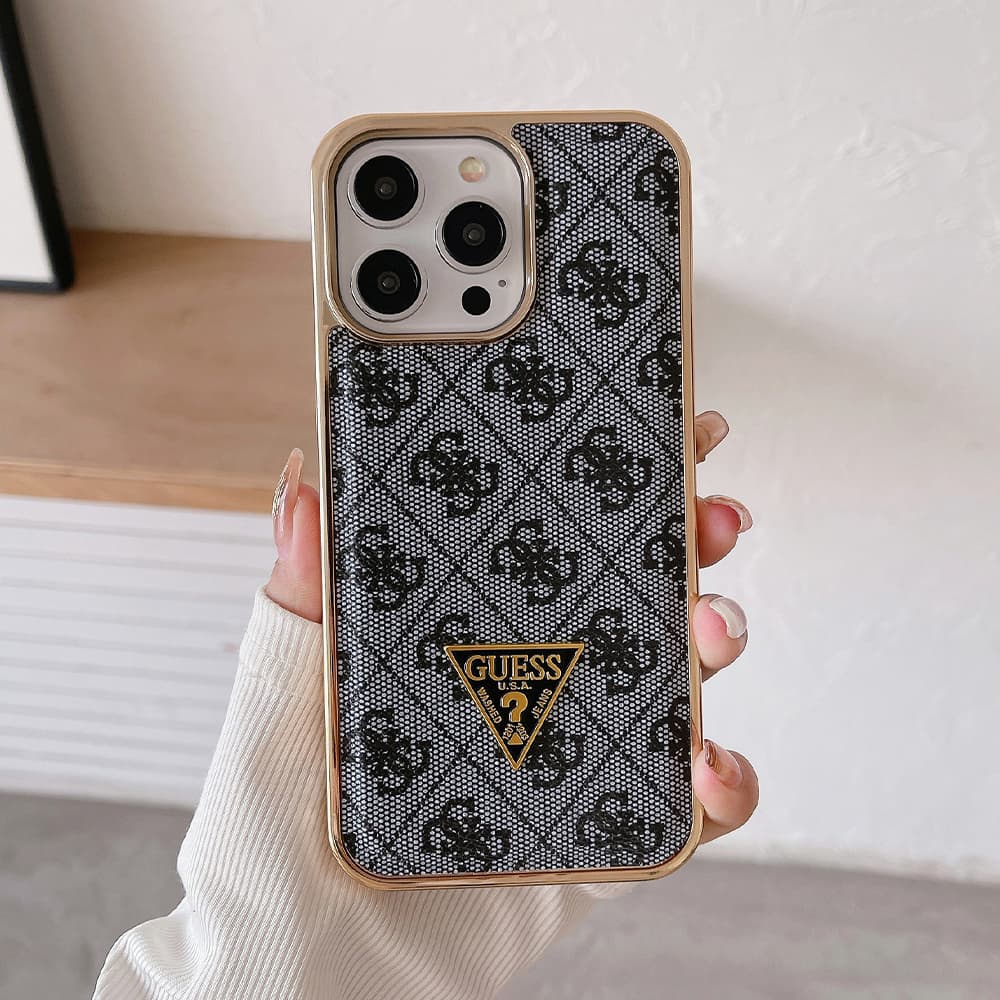 GUESS G-Monogram Pattern with Gold TPU Frame & Metal Logo iPhone Case