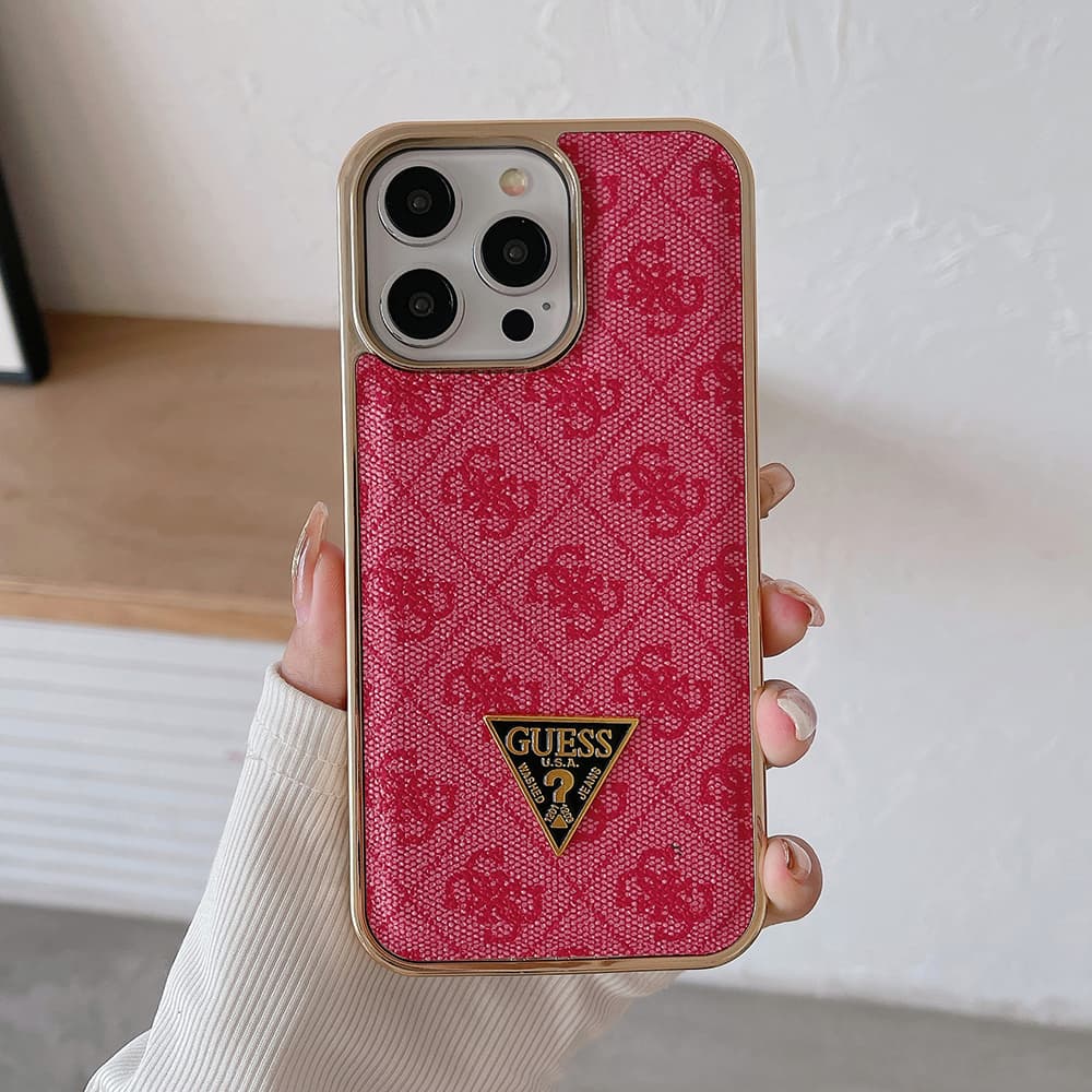 GUESS G-Monogram Pattern with Gold TPU Frame & Metal Logo iPhone Case