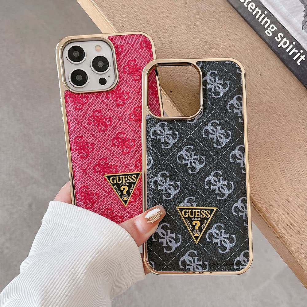 GUESS G-Monogram Pattern with Gold TPU Frame & Metal Logo iPhone Case