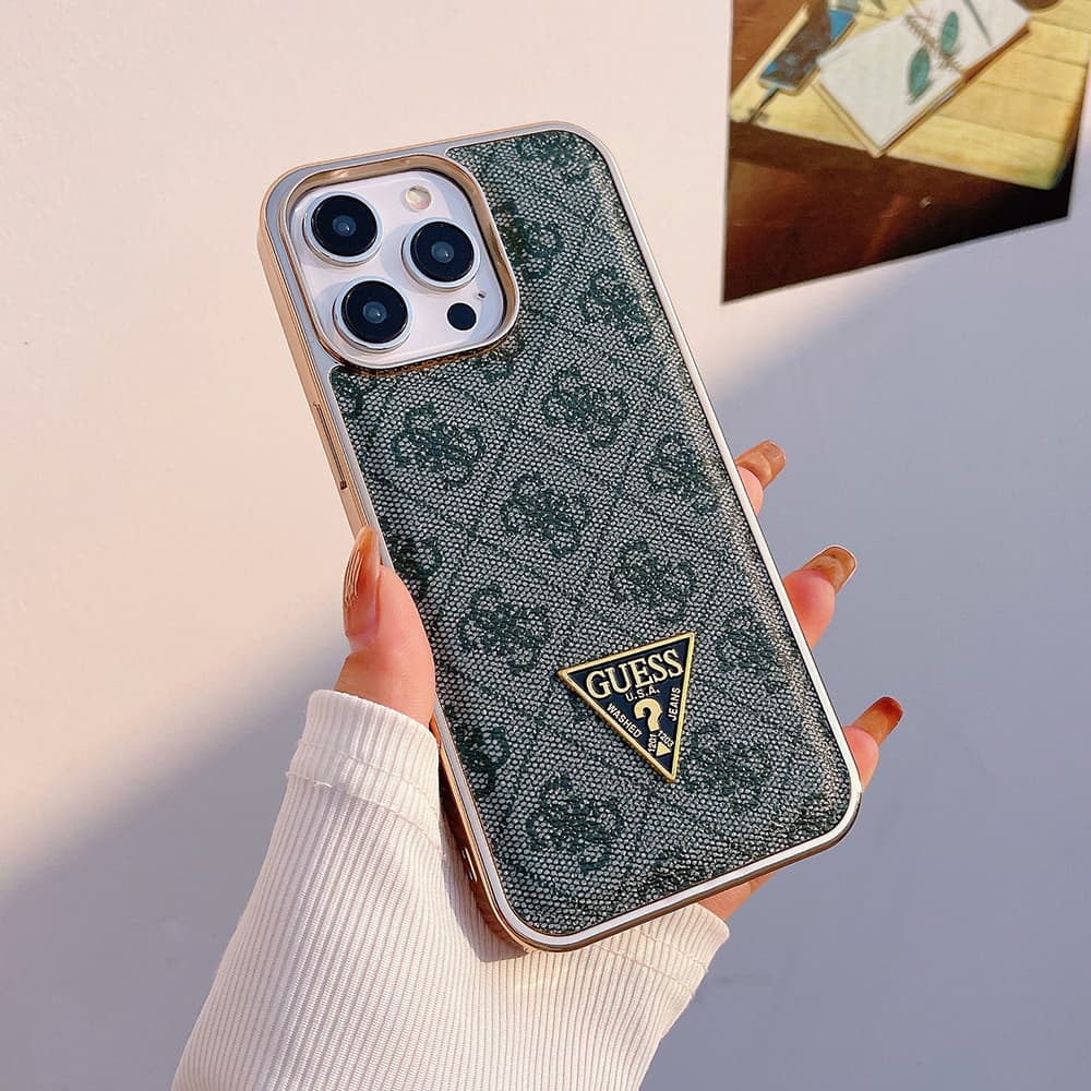GUESS G-Monogram Pattern with Gold TPU Frame & Metal Logo iPhone Case