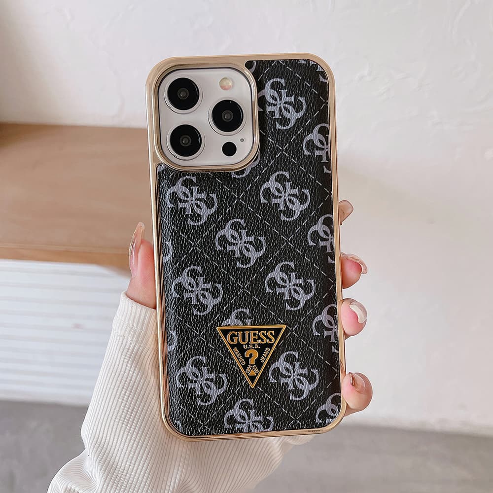 GUESS G-Monogram Pattern with Gold TPU Frame & Metal Logo iPhone Case