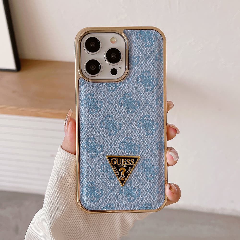 GUESS G-Monogram Pattern with Gold TPU Frame & Metal Logo iPhone Case