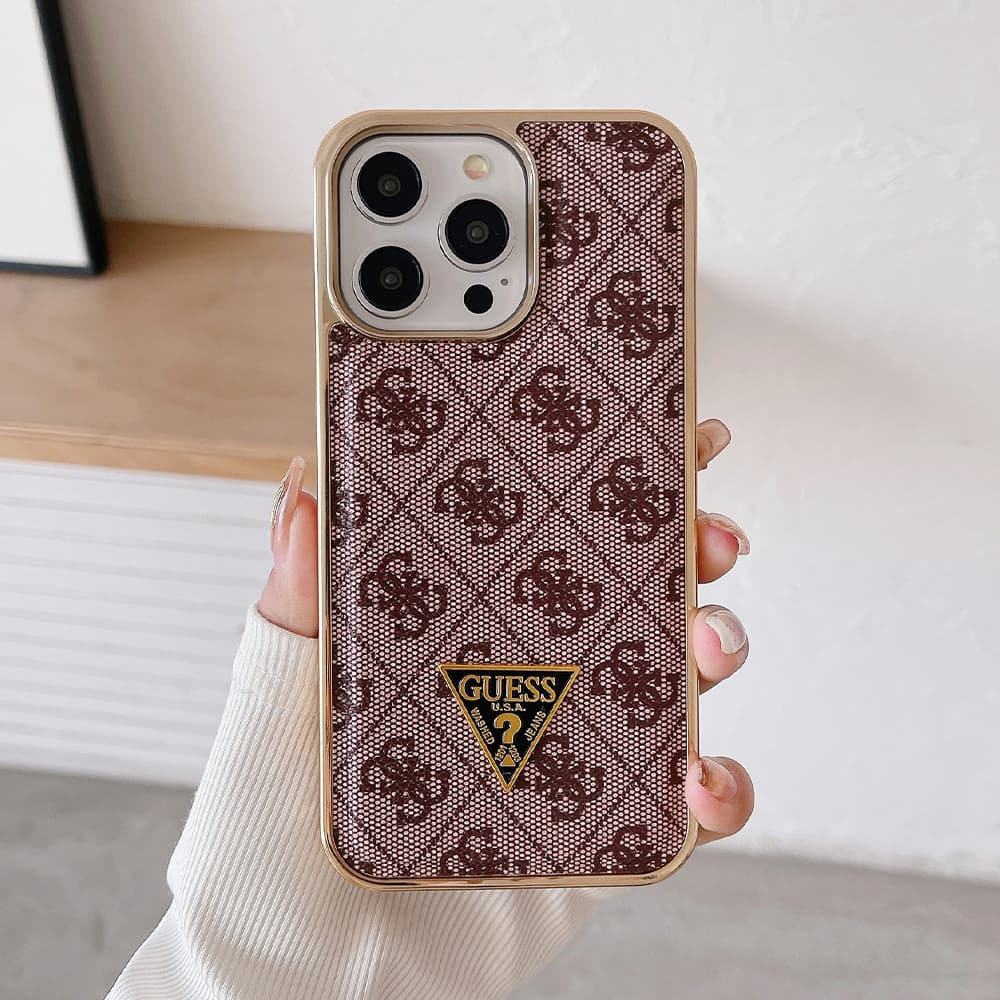 GUESS G-Monogram Pattern with Gold TPU Frame & Metal Logo iPhone Case
