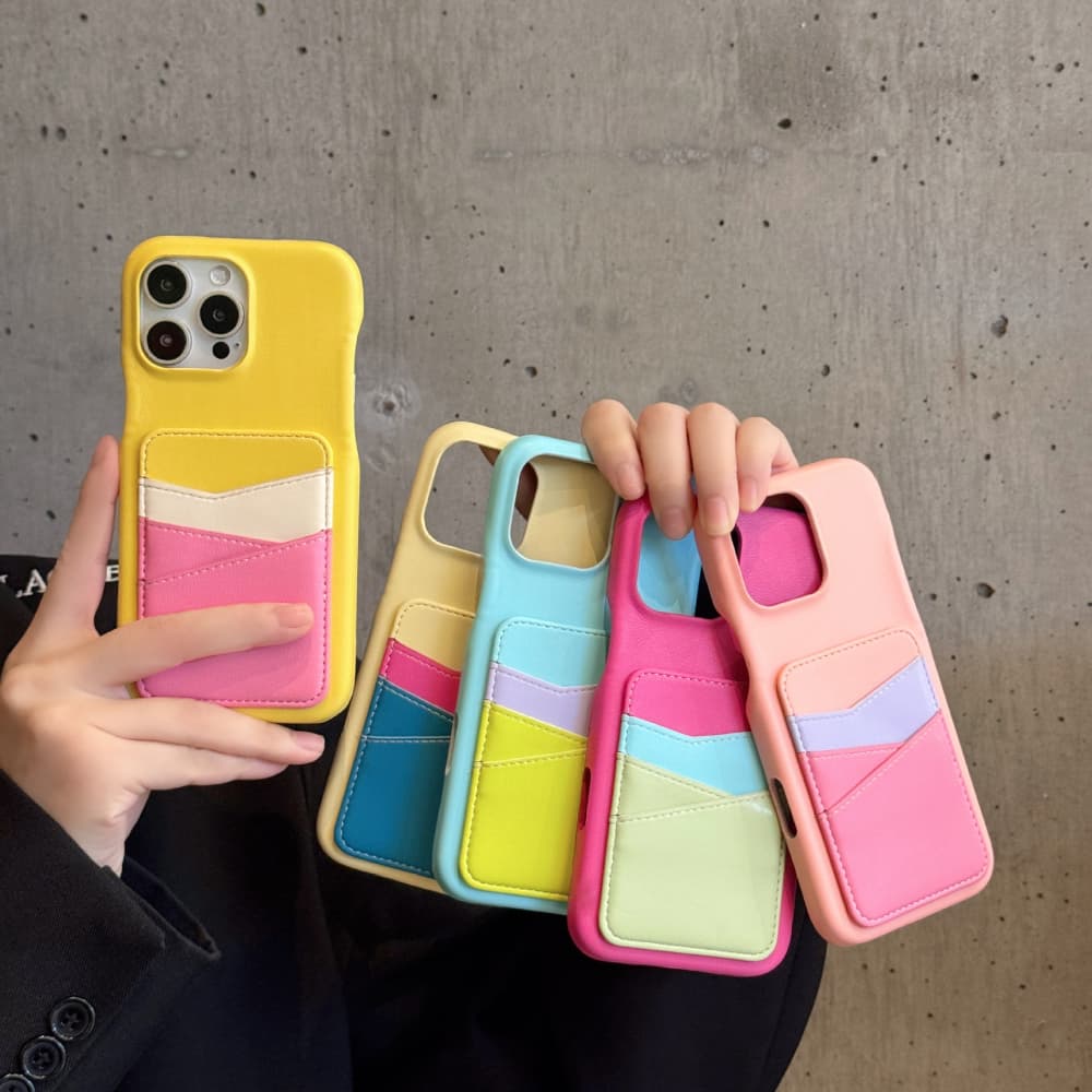 Macaron Colorblock & Wavy Edge Card Holder iPhone Case