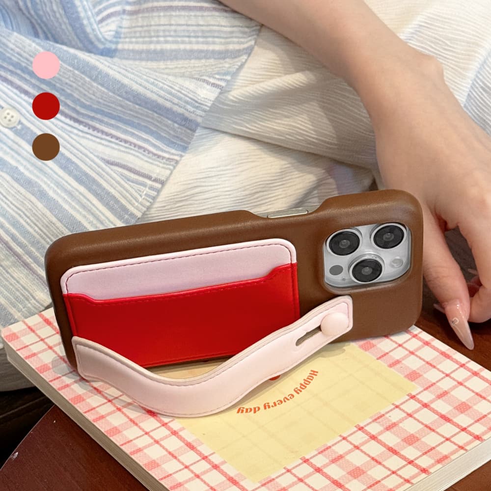 Retro Colorblock Design Wavy Wrist Strap & Card Holder iPhone Case