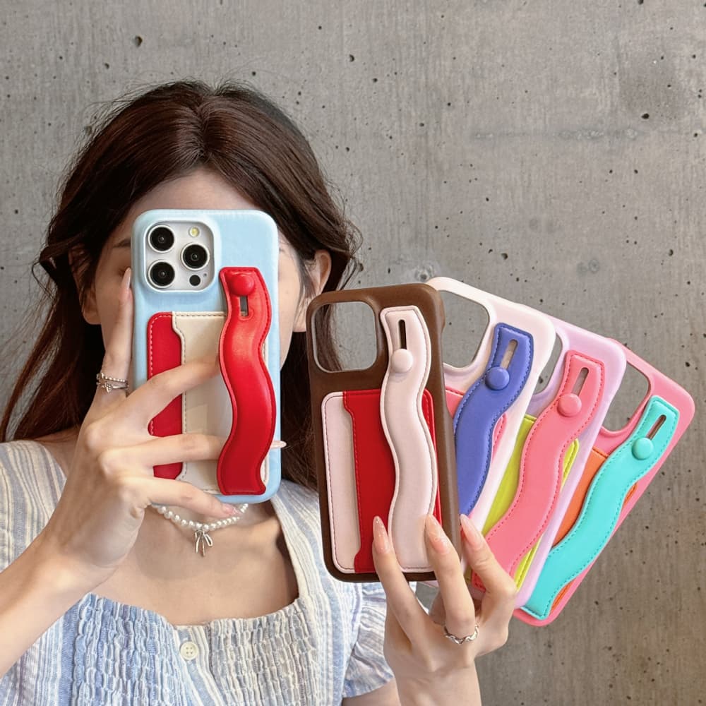Retro Colorblock Design Wavy Wrist Strap & Card Holder iPhone Case