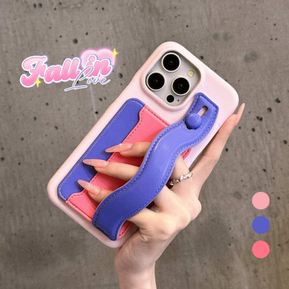 Retro Colorblock Design Wavy Wrist Strap & Card Holder iPhone Case