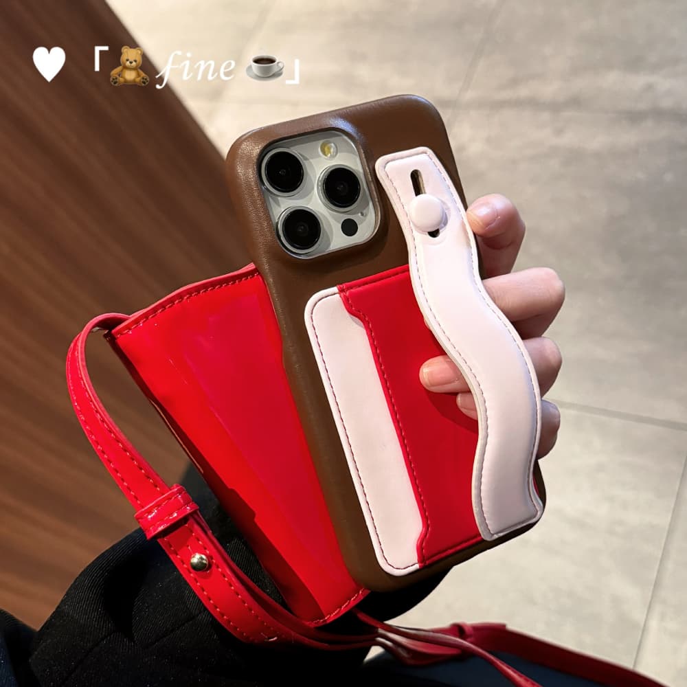 Retro Colorblock Design Wavy Wrist Strap & Card Holder iPhone Case