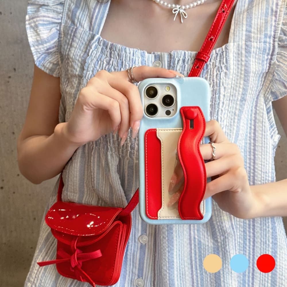 Retro Colorblock Design Wavy Wrist Strap & Card Holder iPhone Case