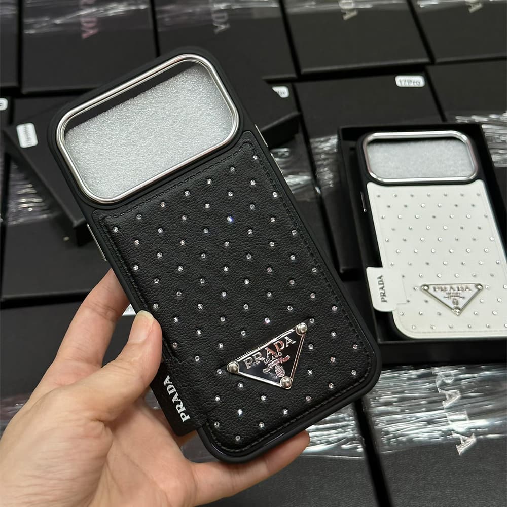 Prada Crystal-Embellished Leather Triangle Logo iPhone Case