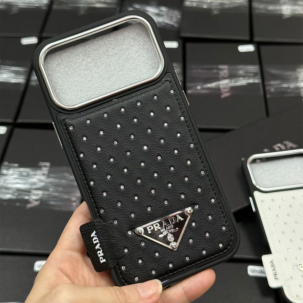 Prada Crystal-Embellished Leather Triangle Logo iPhone Case