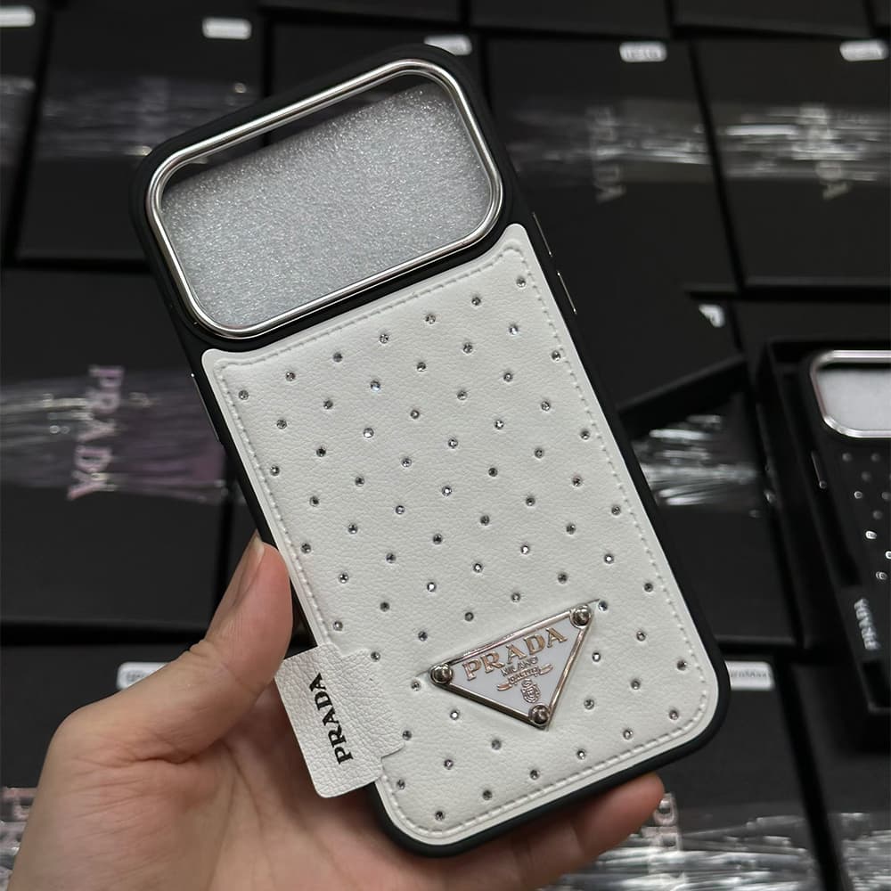 Prada Crystal-Embellished Leather Triangle Logo iPhone Case