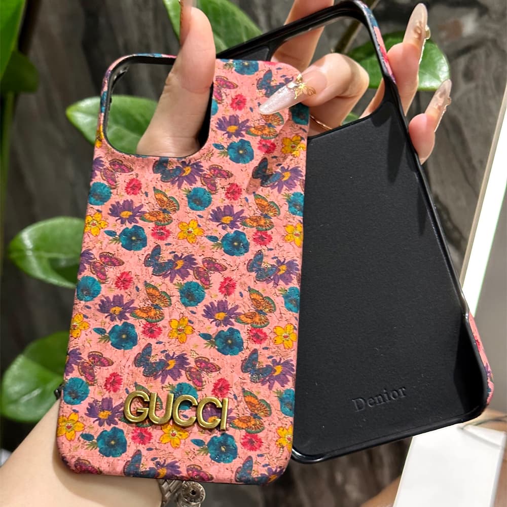 Gucci Floral Cork 4-Sided Cutout Metal Logo iPhone Case