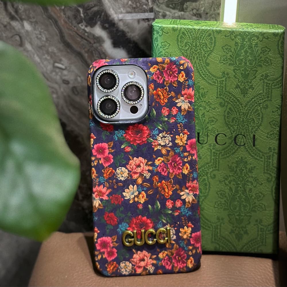 Gucci Peony Floral Cork 4-Sided Cutout Metal Logo iPhone Case