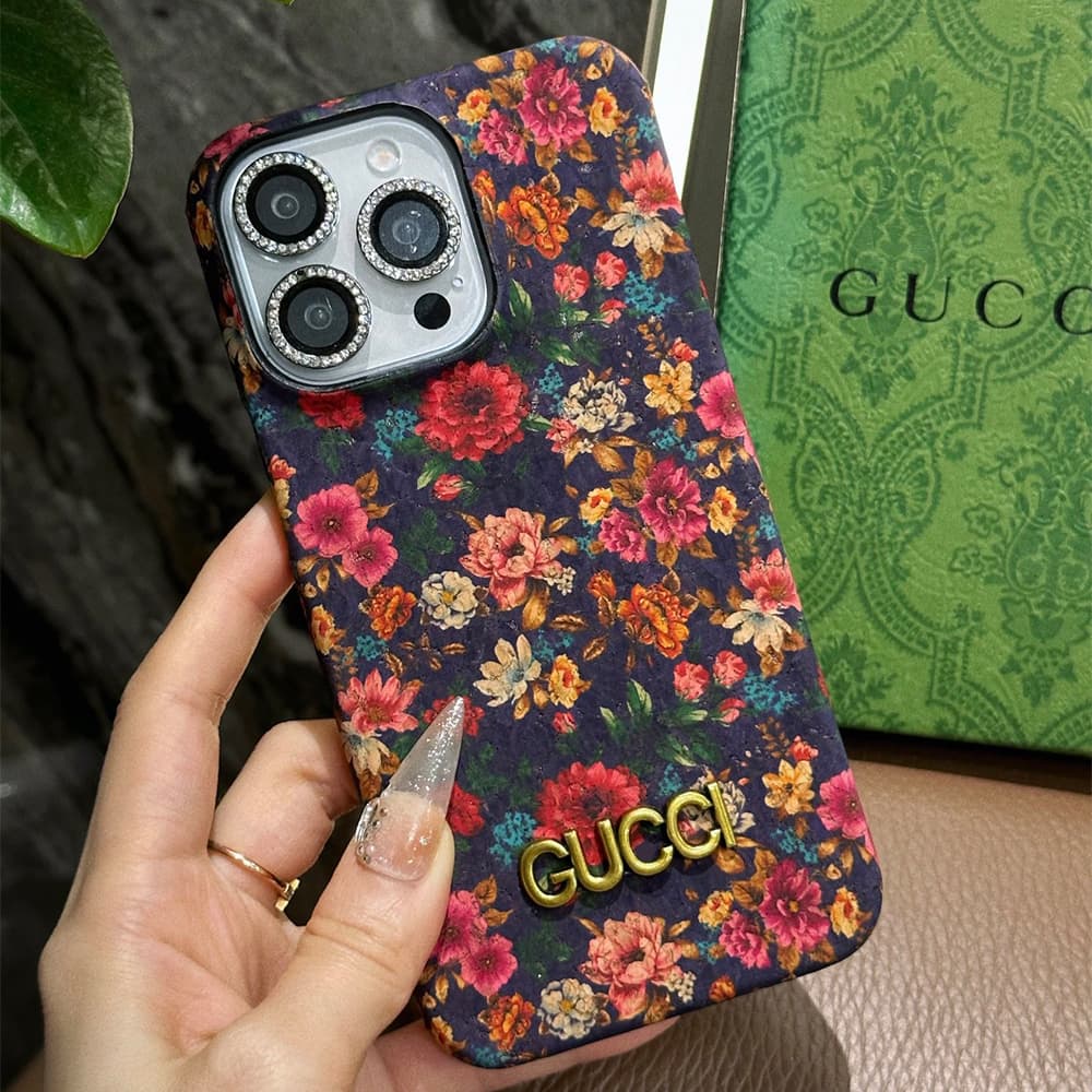 Gucci Peony Floral Cork 4-Sided Cutout Metal Logo iPhone Case