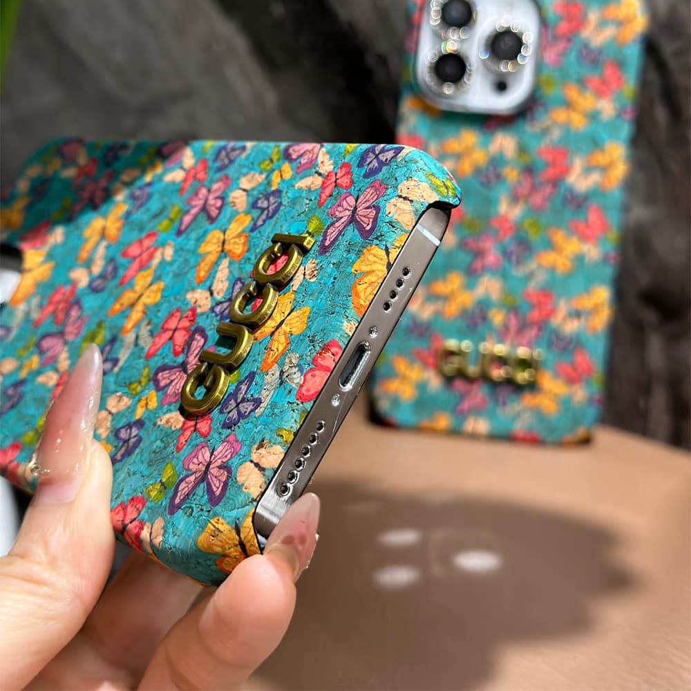Gucci Floral Art Cork 4-Sided Cutout Metal Logo iPhone Case