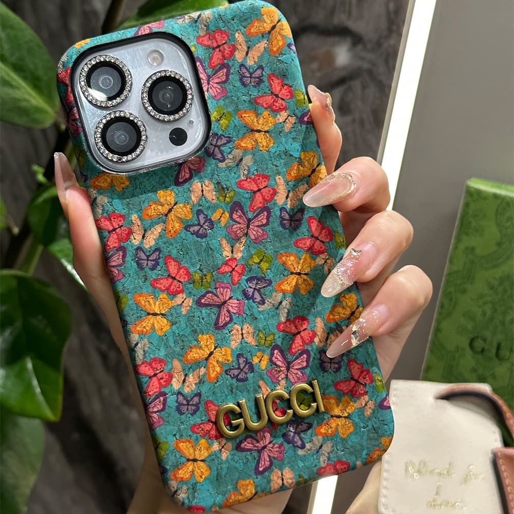 Gucci Floral Art Cork 4-Sided Cutout Metal Logo iPhone Case