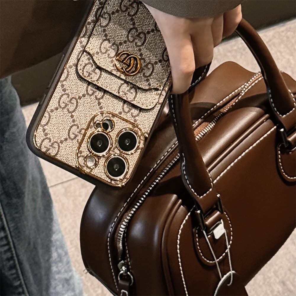 LV & Gucci Monogram Card Slot Leather iPhone Case