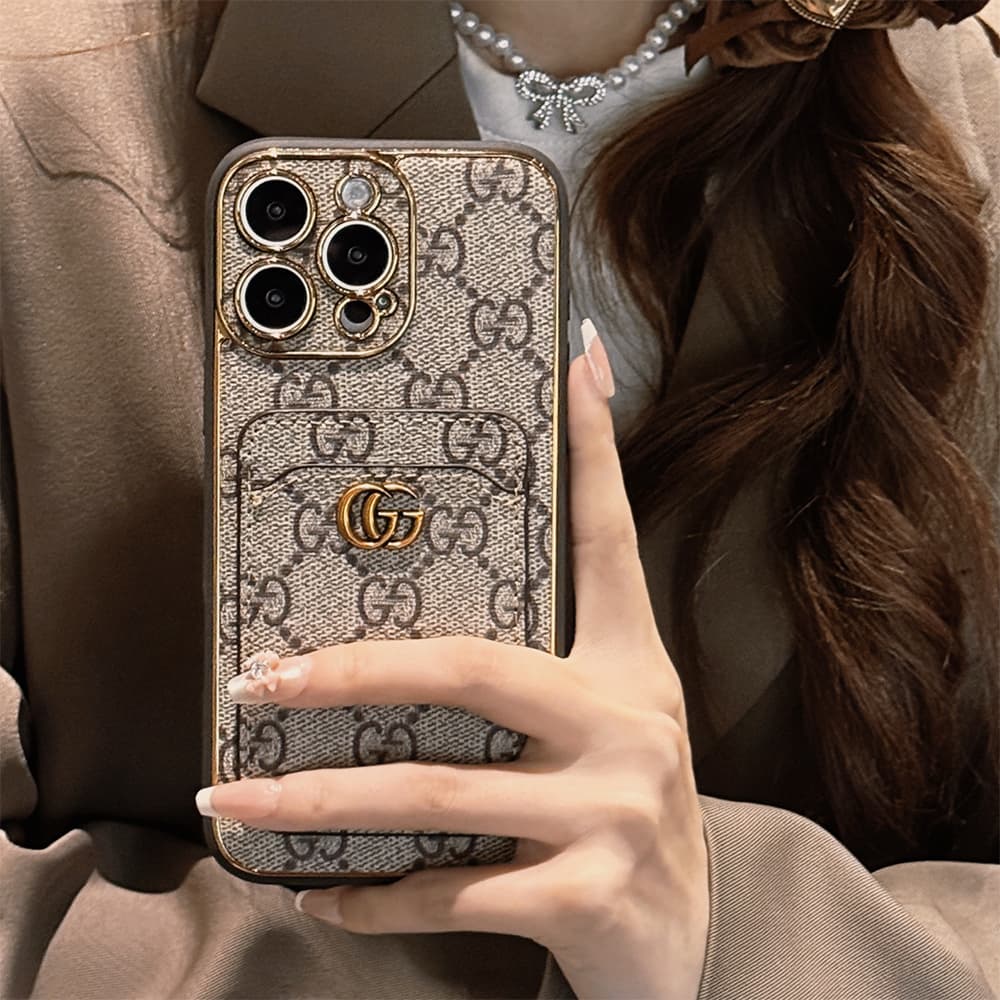 LV & Gucci Monogram Card Slot Leather iPhone Case