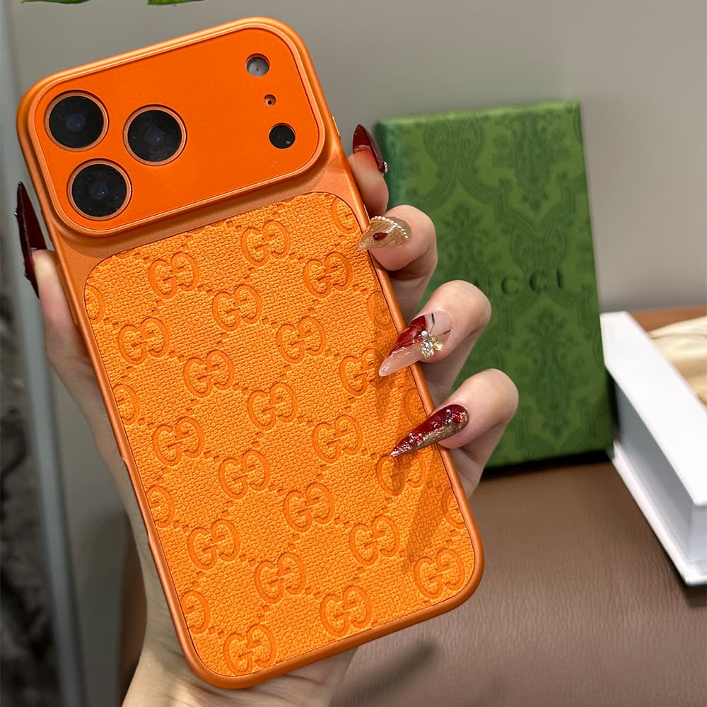 LV Gucci Dior Hermes Large Window Camera Orange Embossed iPhone Case
