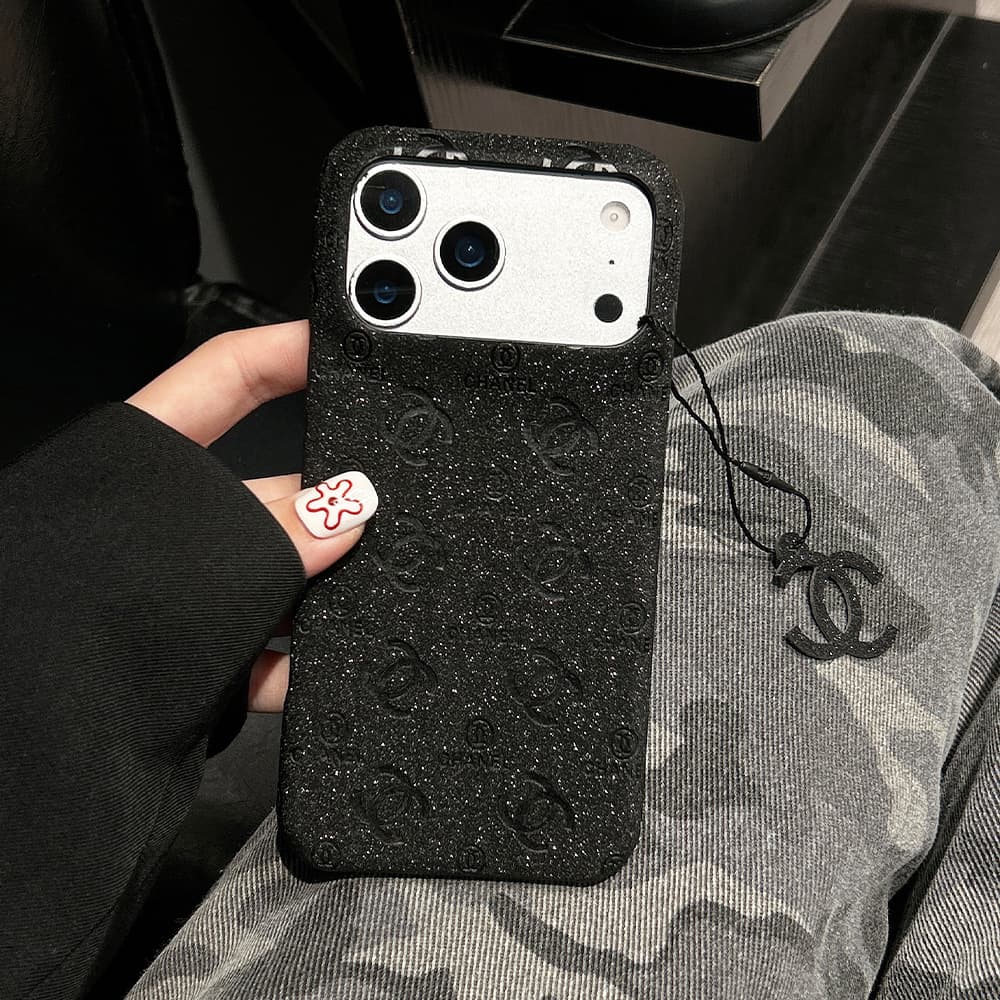 Chanel Quilted CC Logo Glitter 4-Sided Cutout iPhone Case with Charm