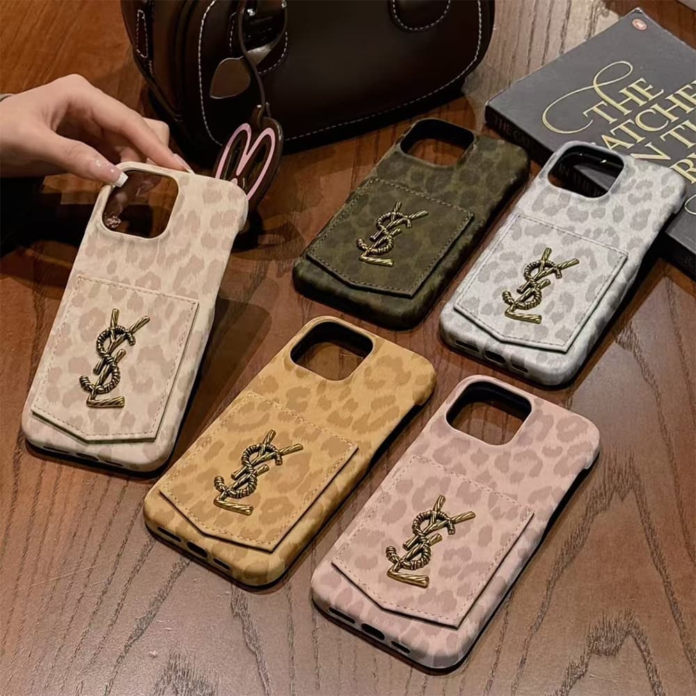 YSL Leopard Print Card Slot Leather iPhone Case