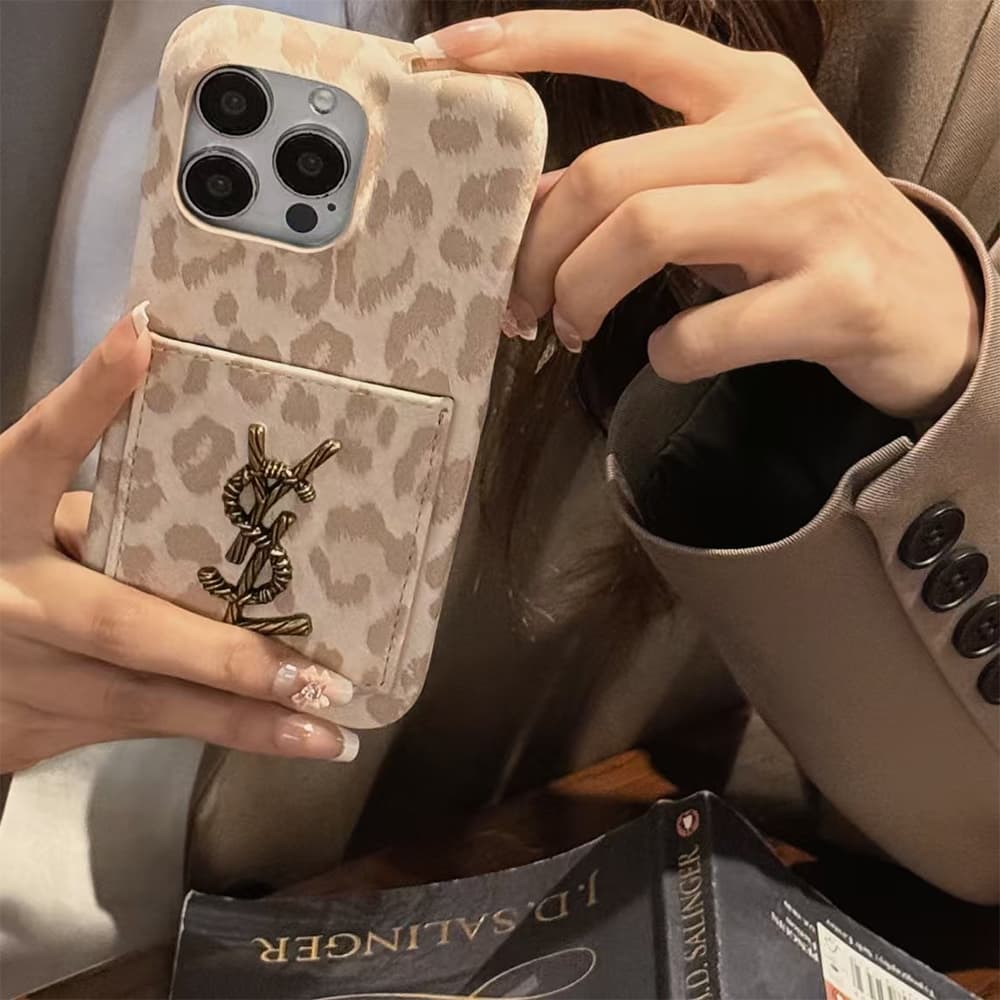 YSL Leopard Print Card Slot Leather iPhone Case