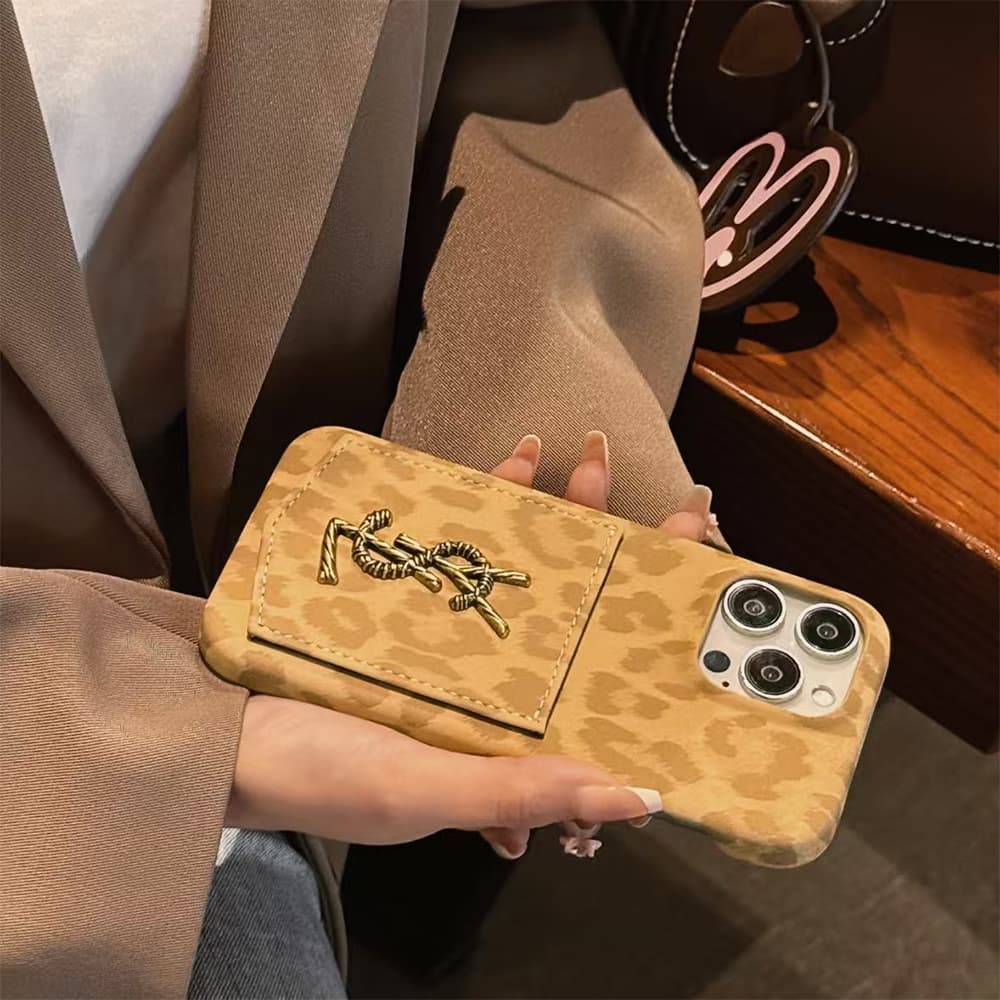 YSL Leopard Print Card Slot Leather iPhone Case