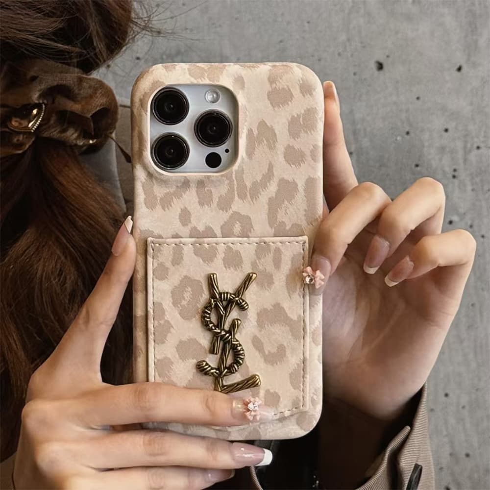 YSL Leopard Print Card Slot Leather iPhone Case