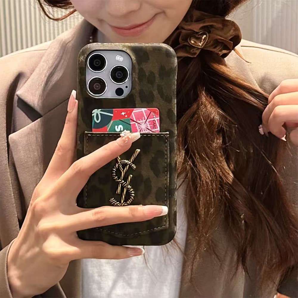 YSL Leopard Print Card Slot Leather iPhone Case