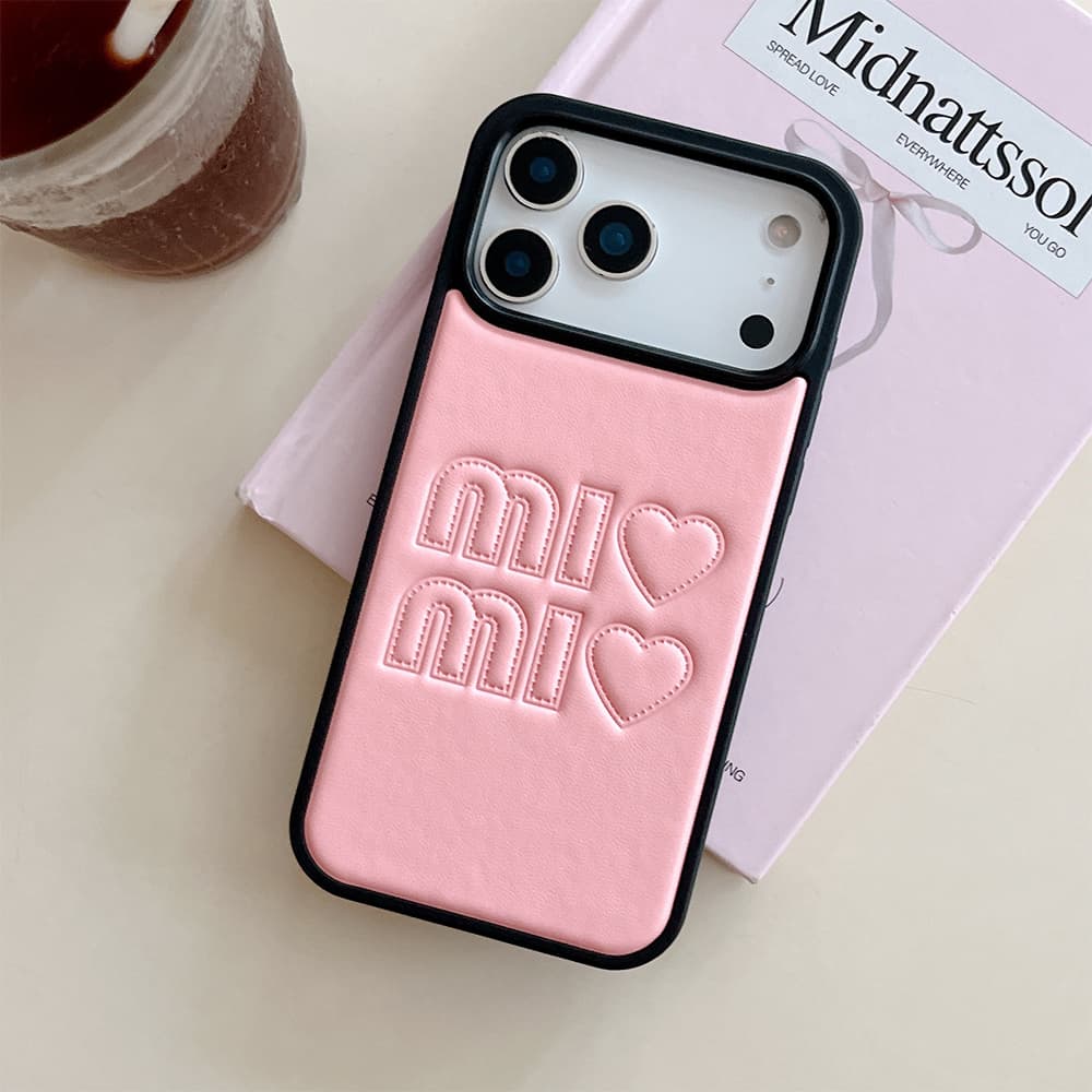 Miu Miu Heart & Letter Embossed Sweet-Luxe Leather iPhone Case