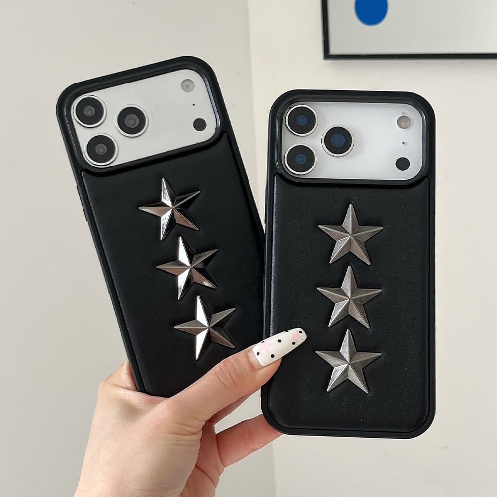 Embossed & 3D Metal Star Leather Design – Slim Shockproof iPhone Case