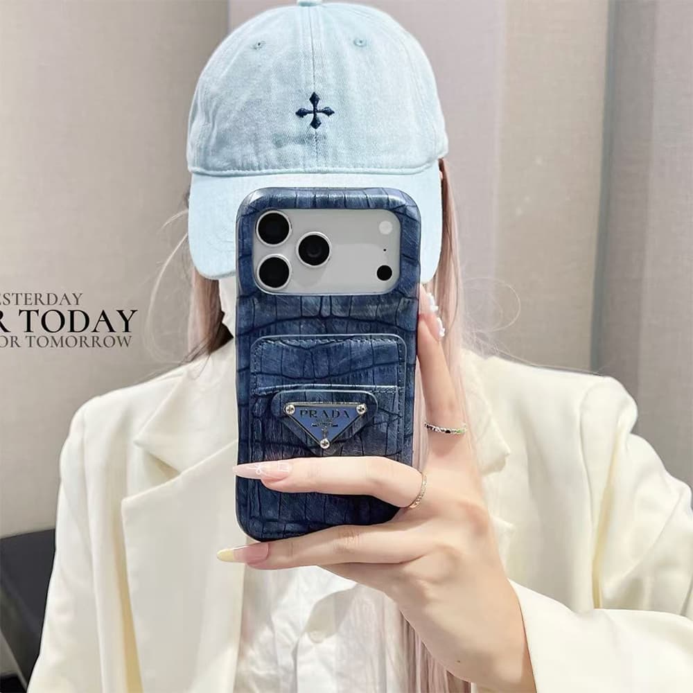 Prada Croc-Embossed Leather Card Slot Logo iPhone Case