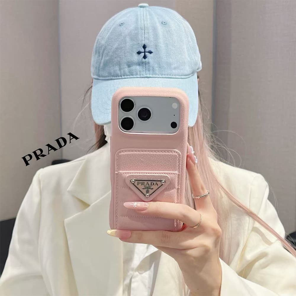 Prada Quilted Leather Card Slot Triangle Logo iPhone Case