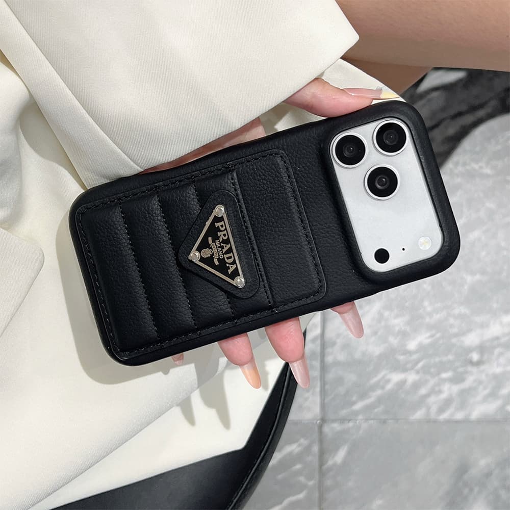 Prada Quilted Leather Card Slot Triangle Logo iPhone Case